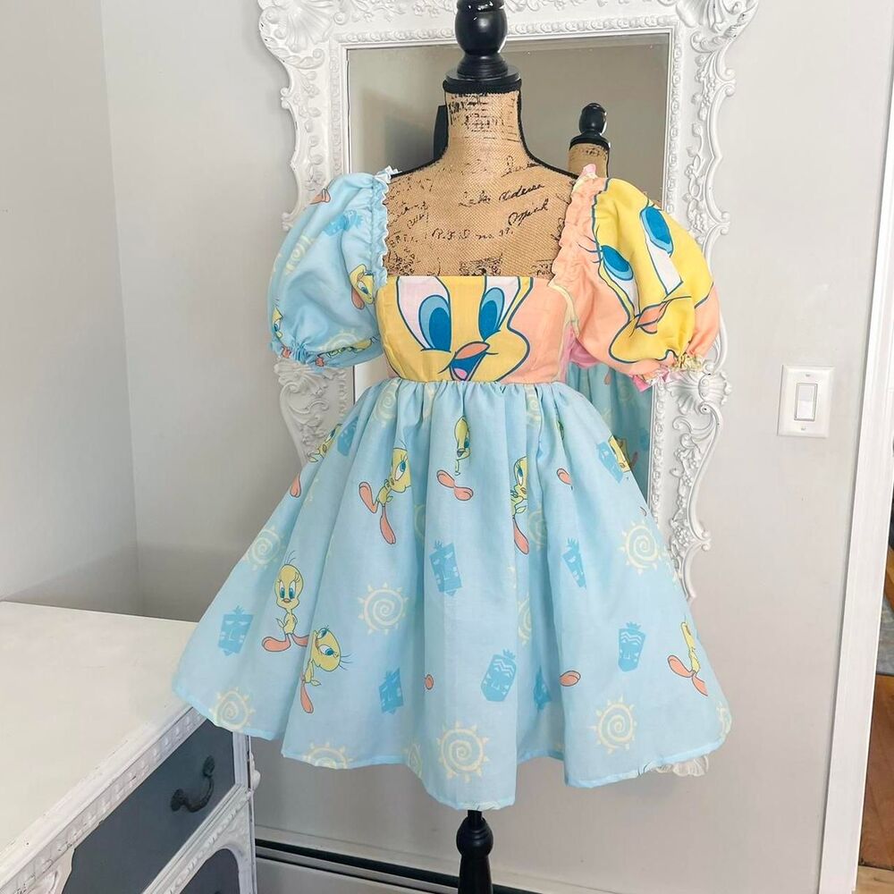 New York Couture Reworked Vintage Tweety Bird Dreamy Puff Sleeve Dress